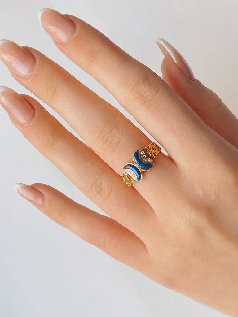 14K Gold Lapis Diamond Double Moon Ring