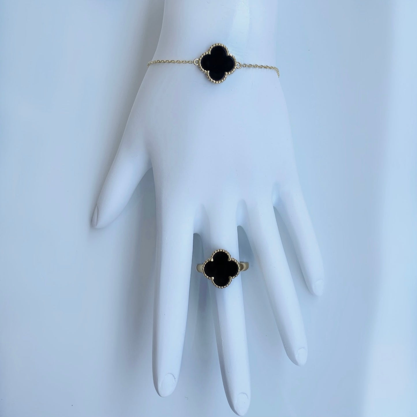 10K Gold Black Onyx Four Leaf Shamrock Ring