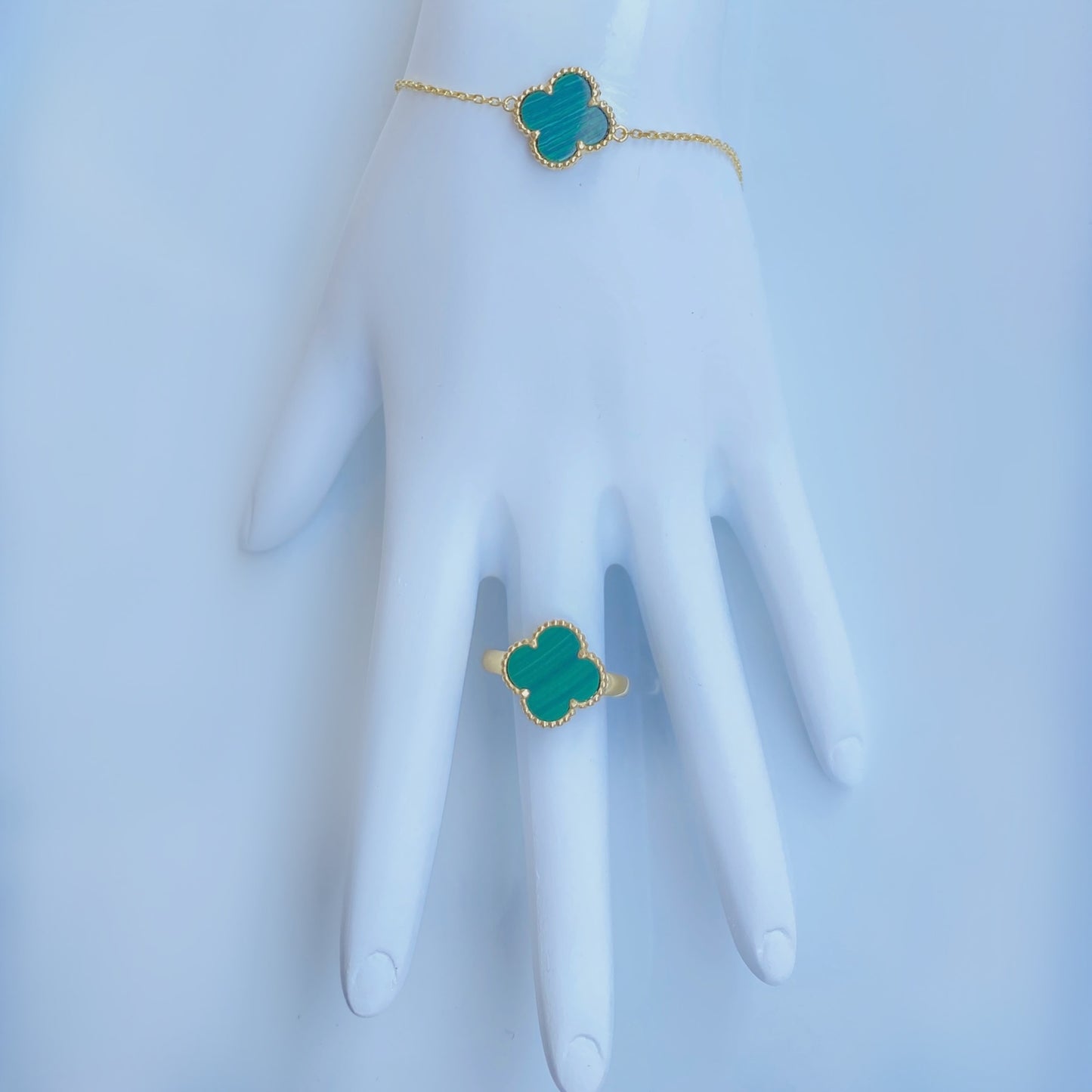 10K Gold Green Malachite Four Leaf Shamrock Ring