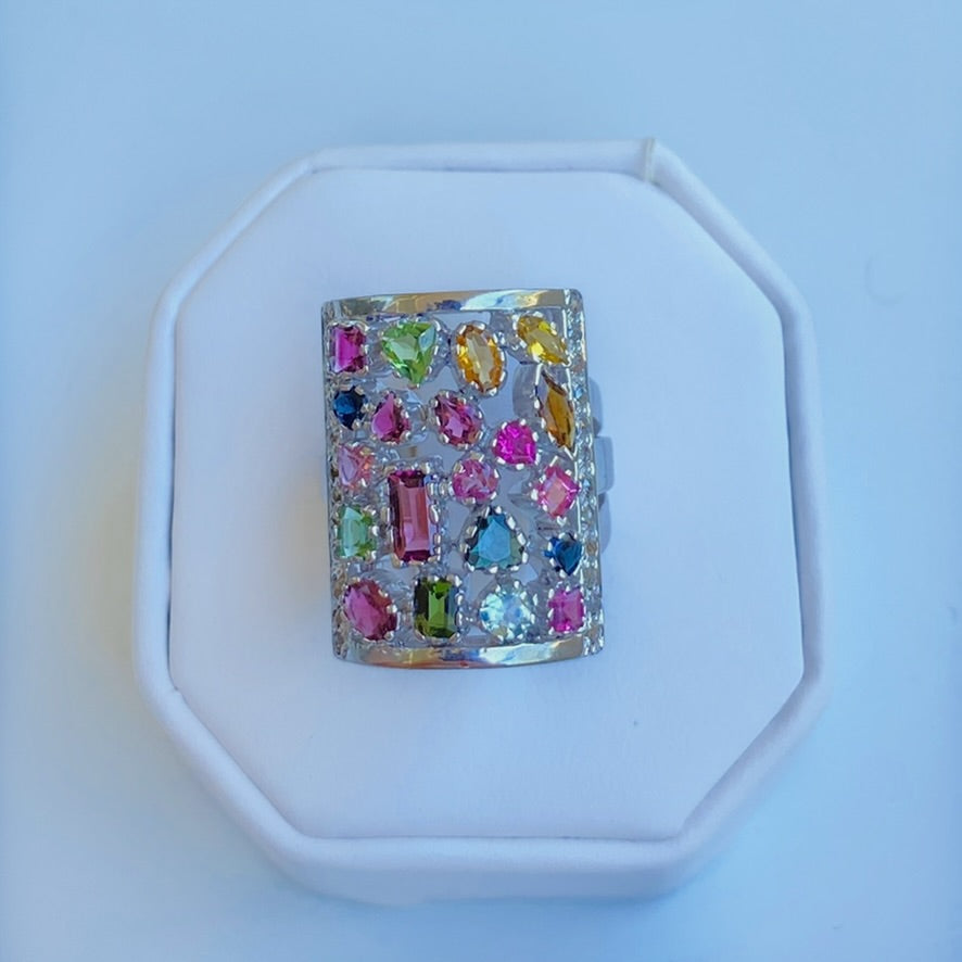 Sterling Silver Rhodium Plated Multi Semi Precious Gemstone Cigar Ring