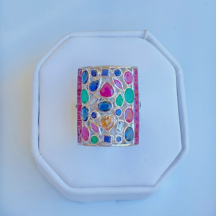 Sterling Silver Rhodium Plated Multi Precious Gemstone Cigar Ring