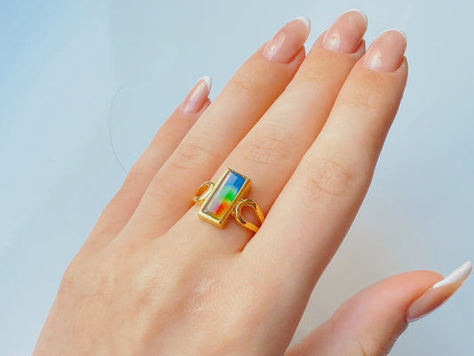 14K Gold Rainbow Ammolite Rectangle Ring