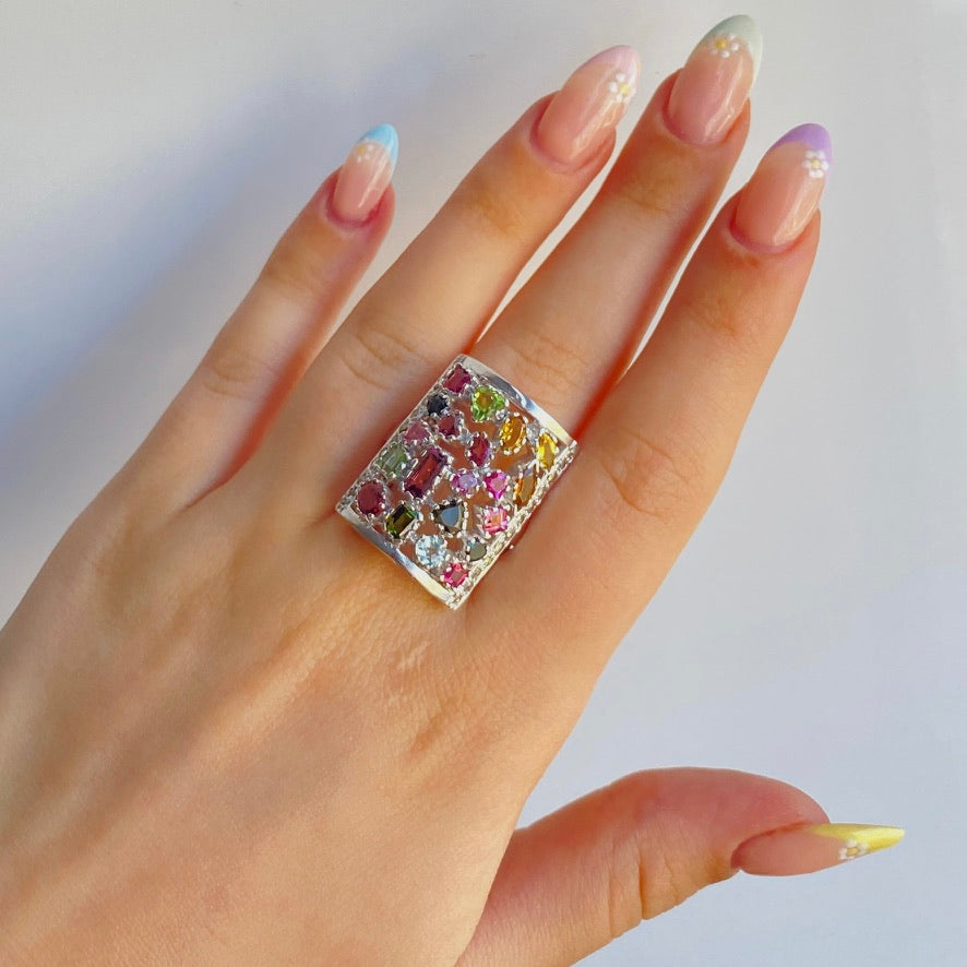 Sterling Silver Rhodium Plated Multi Semi Precious Gemstone Cigar Ring