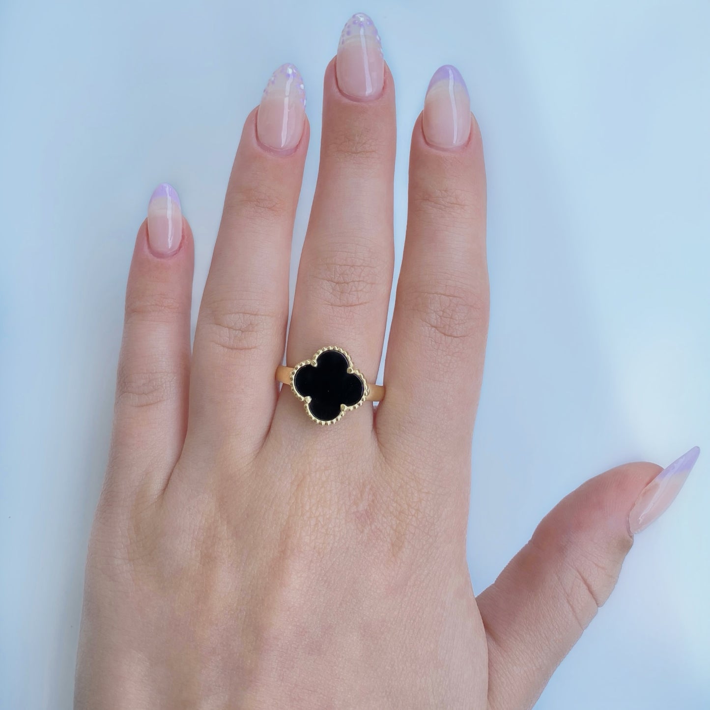 10K Gold Black Onyx Four Leaf Shamrock Ring