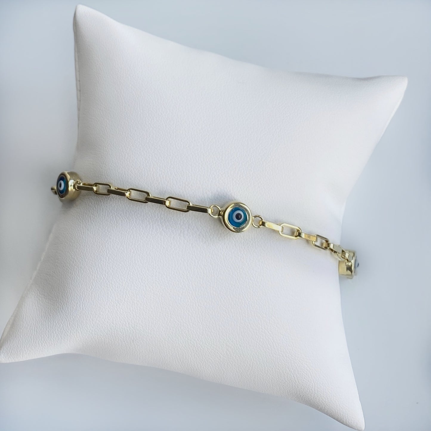 14K Gold Anti Evil Eye Station Paperclip Bracelet