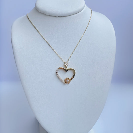 10K Gold CZ Flower Heart Necklace