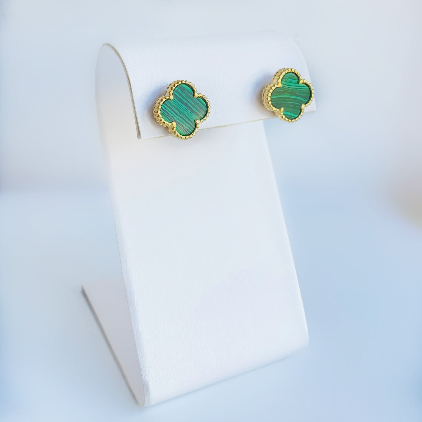 10K Gold Green Malachite Four leaf Shamrock Earrings