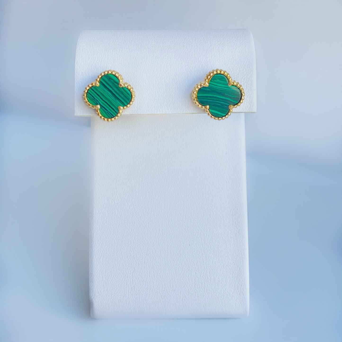 10K Gold Green Malachite Four leaf Shamrock Earrings