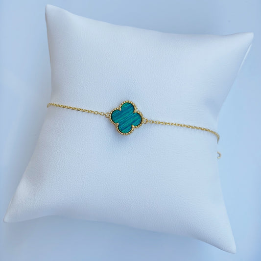 10K Gold Green Malachite Four Leaf Shamrock Bracelet