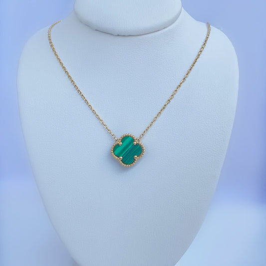 10K Gold Green Malachite Four Leaf Shamrock Necklace