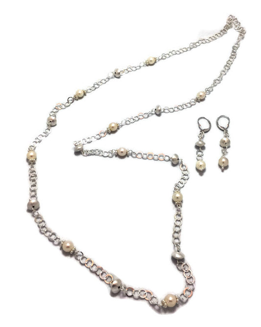 Sterling Silver Cultured Pearl Station Necklace and Earrings Set